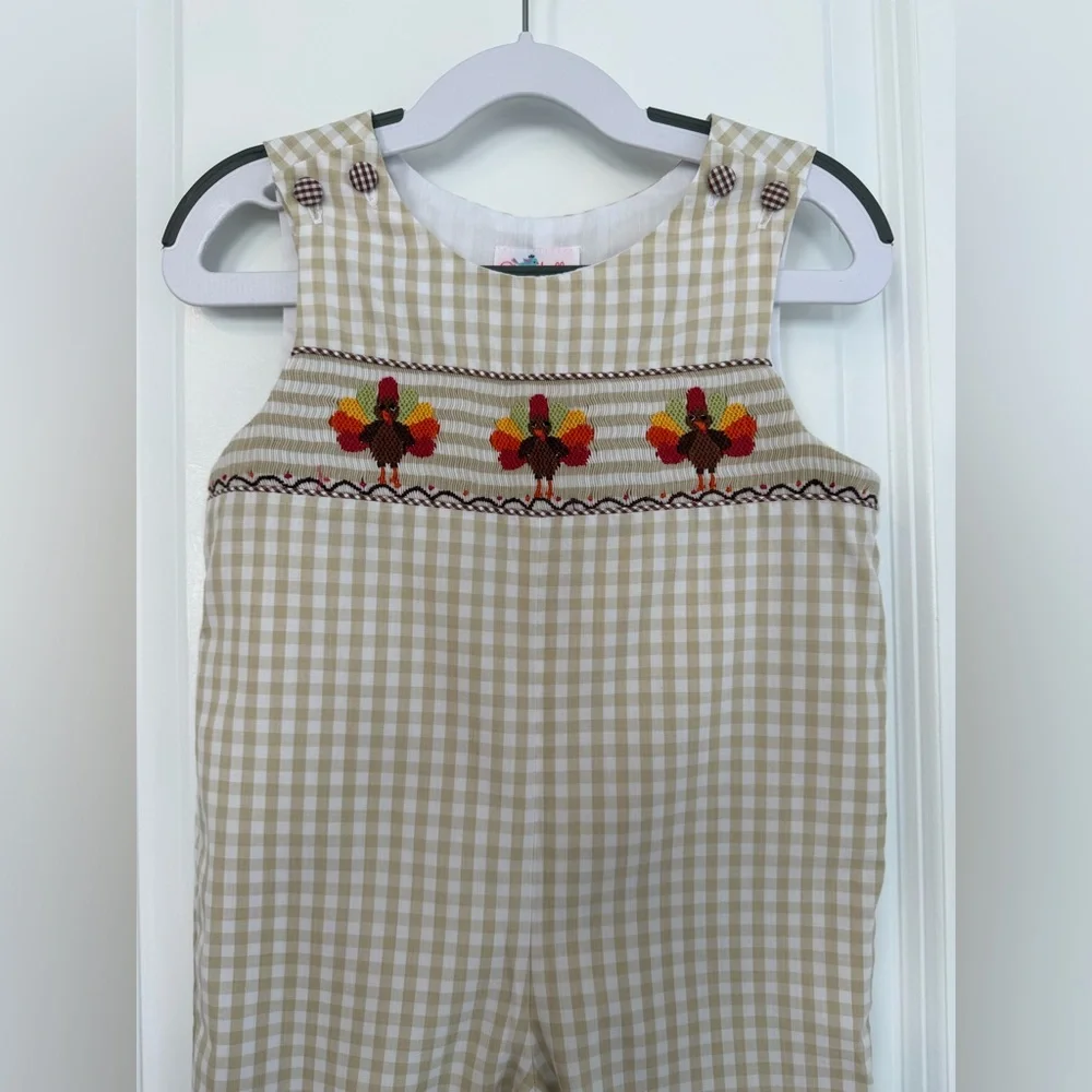 Stellybelly Smocked Turkey Thanksgiving Longall Tan Gingham Size 12 Months